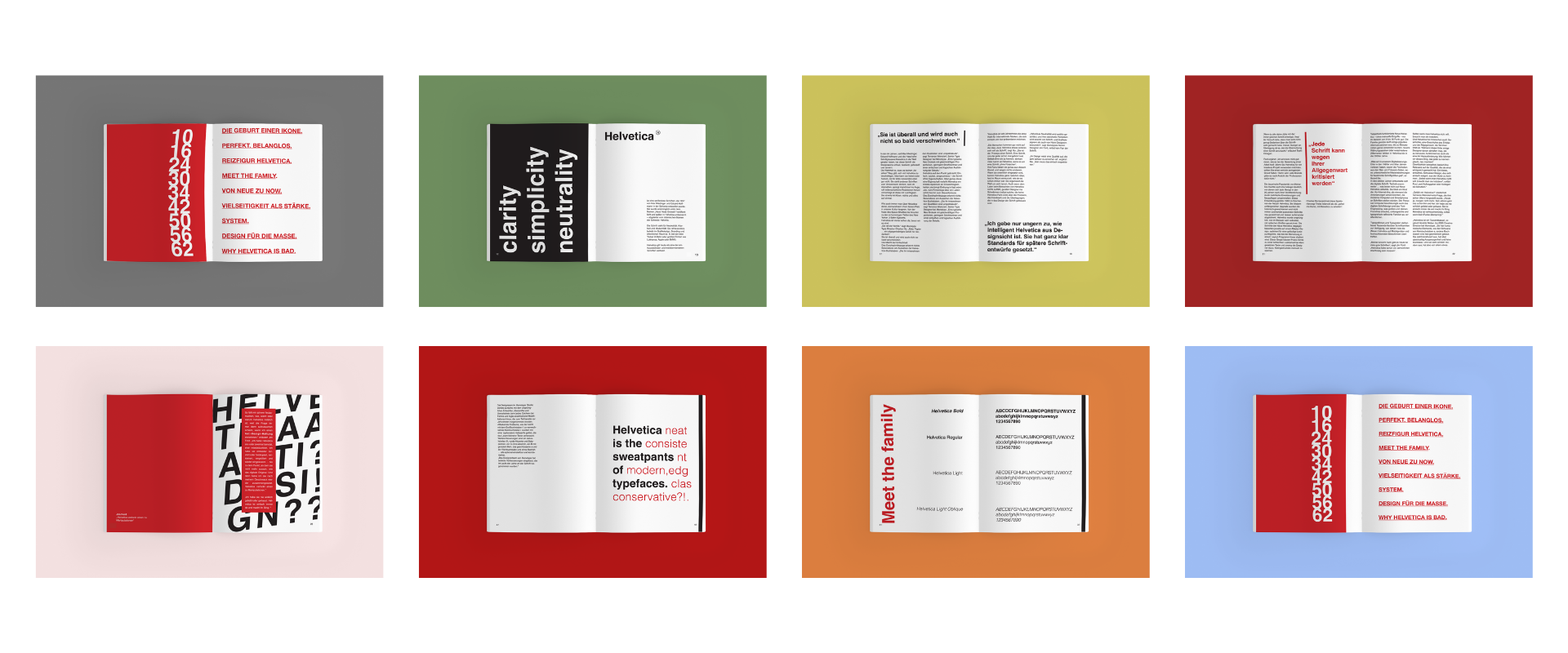 Eight of the book’s spreads side by side, each on a different coloured ground
