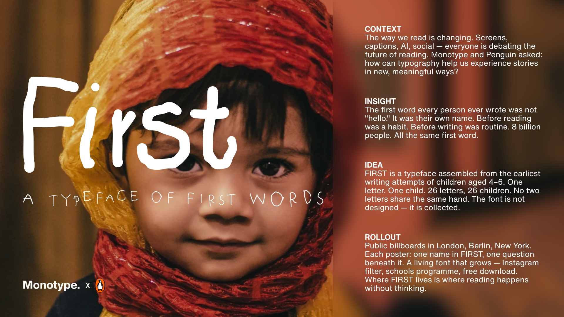Title slide: the word First written in the FIRST typeface over a portrait of a child, with the line A typeface of first words