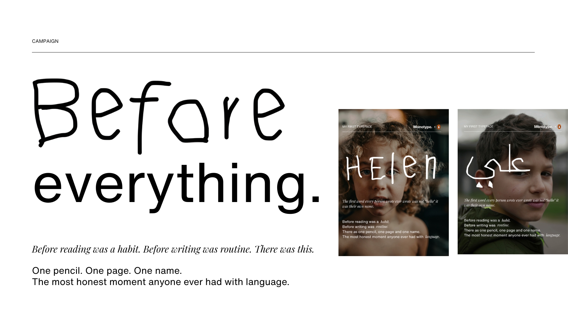 Campaign slide Before everything, next to two poster mockups showing the names Helen and a name in Arabic script