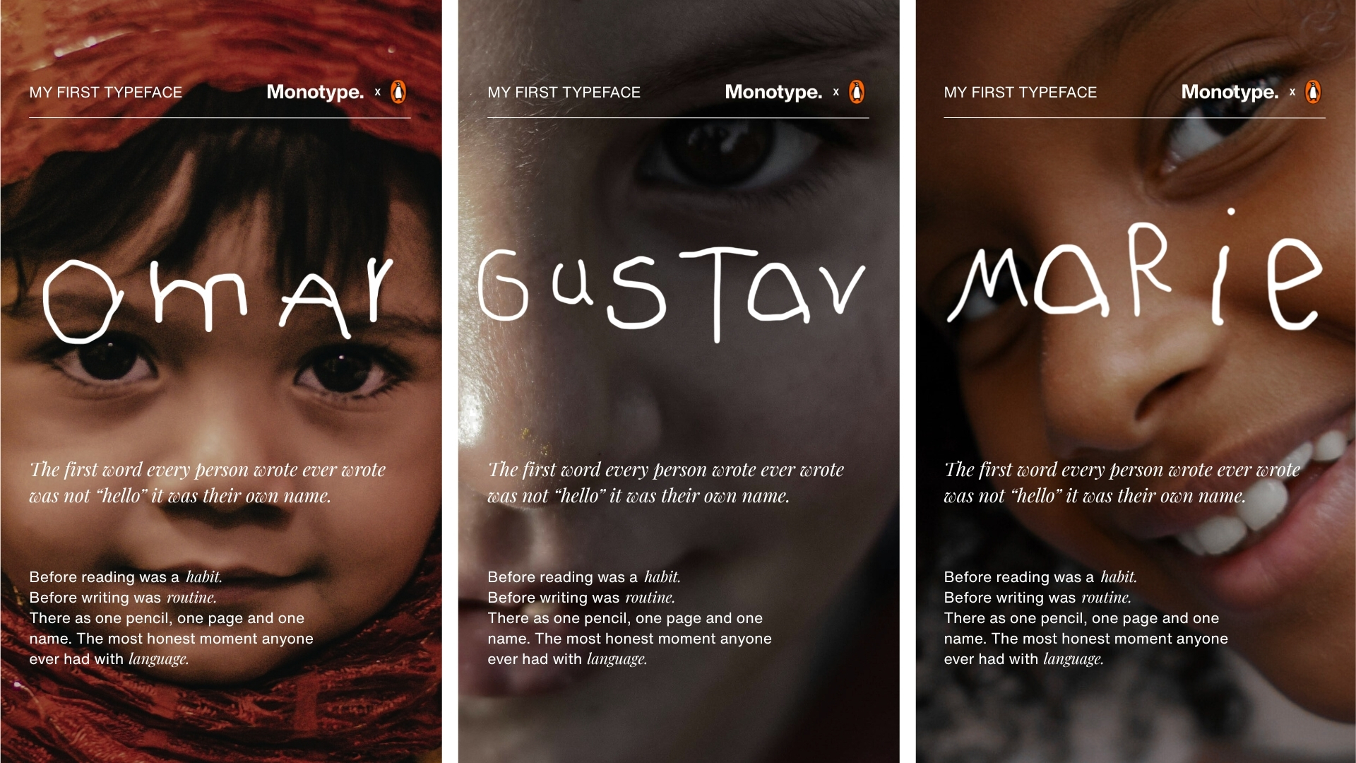 Three portrait format posters side by side with the names Omar, Gustav and Marie